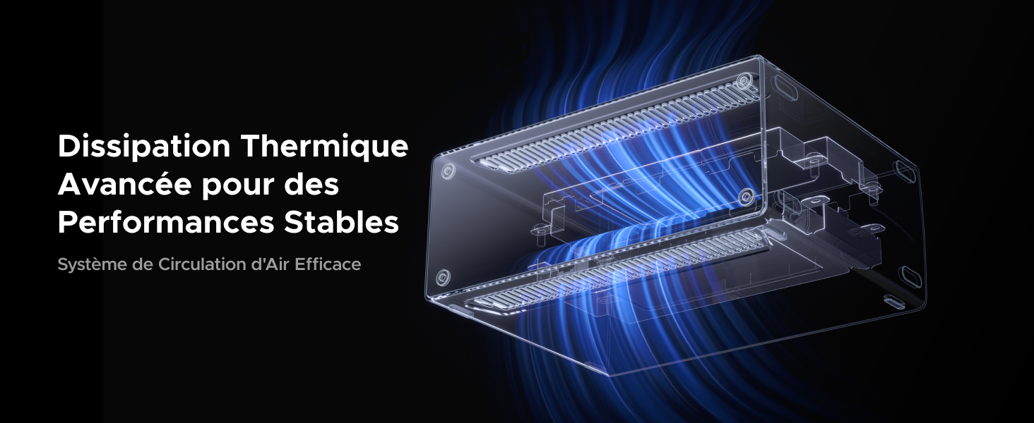 Le texte se lit comme suit : « Avancée pour des Performances Stables ». Schéma technique teinté en bleu montrant les composants du système présentant des effets lumineux.
