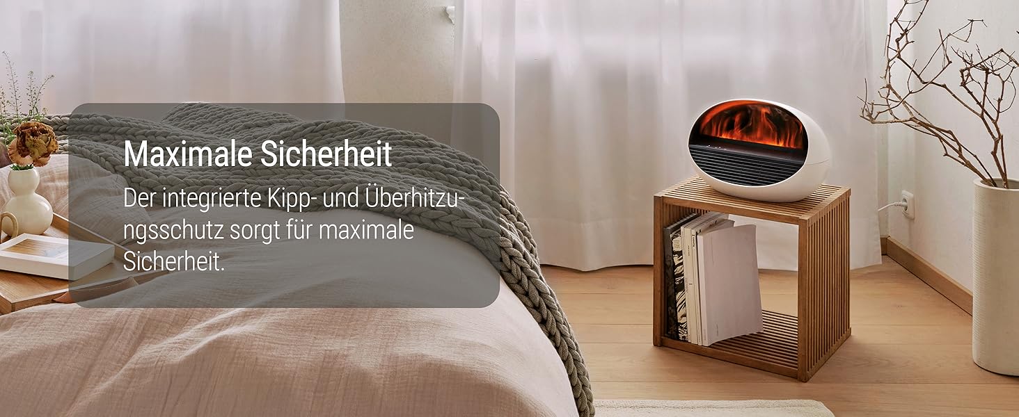 Der Text lautet “NATÜRLICHE SICHERHEIT”。 Innenansicht des Schlafzimmers mit sanfter Beleuchtung、weißer Bettwäsche 和极简主义 Dekor。