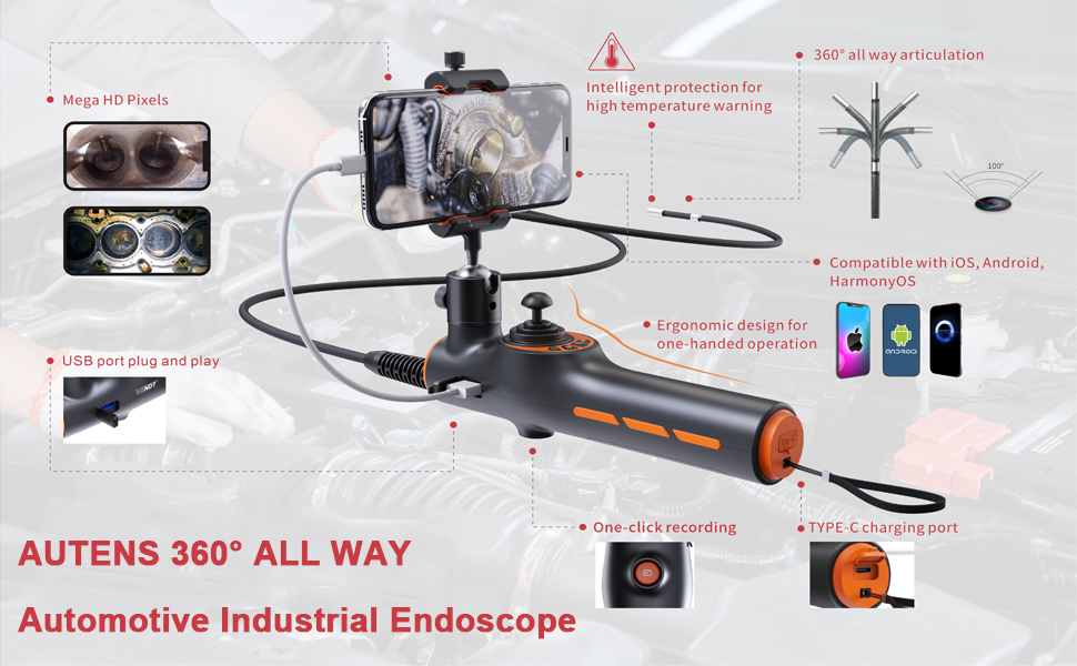 AUTENS 360° Articulating Borescope, Automotive Industrial Endoscope