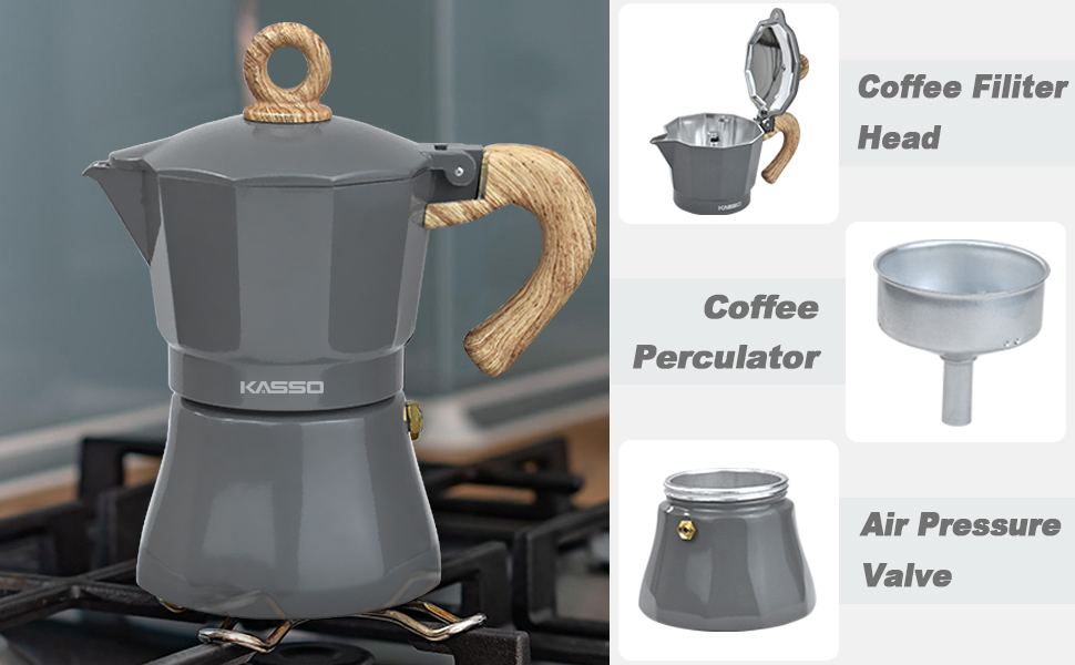 KASSO Stovetop Espresso Maker, 6 Cup Aluminum Moka Pot for