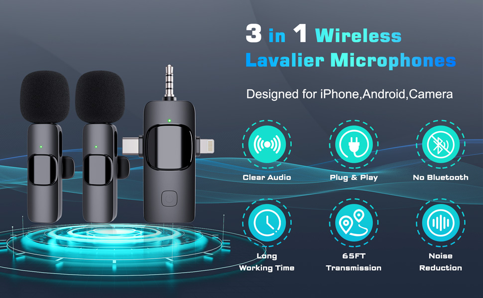 Wireless Microphone for iPhone, iPad, Android, Mini Microphone, 3 in 1 Wireless Lavalier