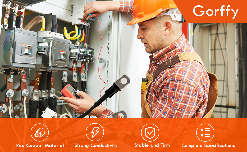 Gorffy app interface showing electrical service features including copper material, security connectivity, and status monitoring with orange header.