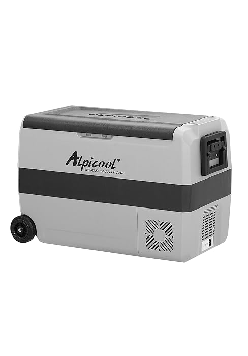 Portable refrigerator/cooler with wheels in grey and black color scheme, featuring Alpicool branding and compact design for mobile use.