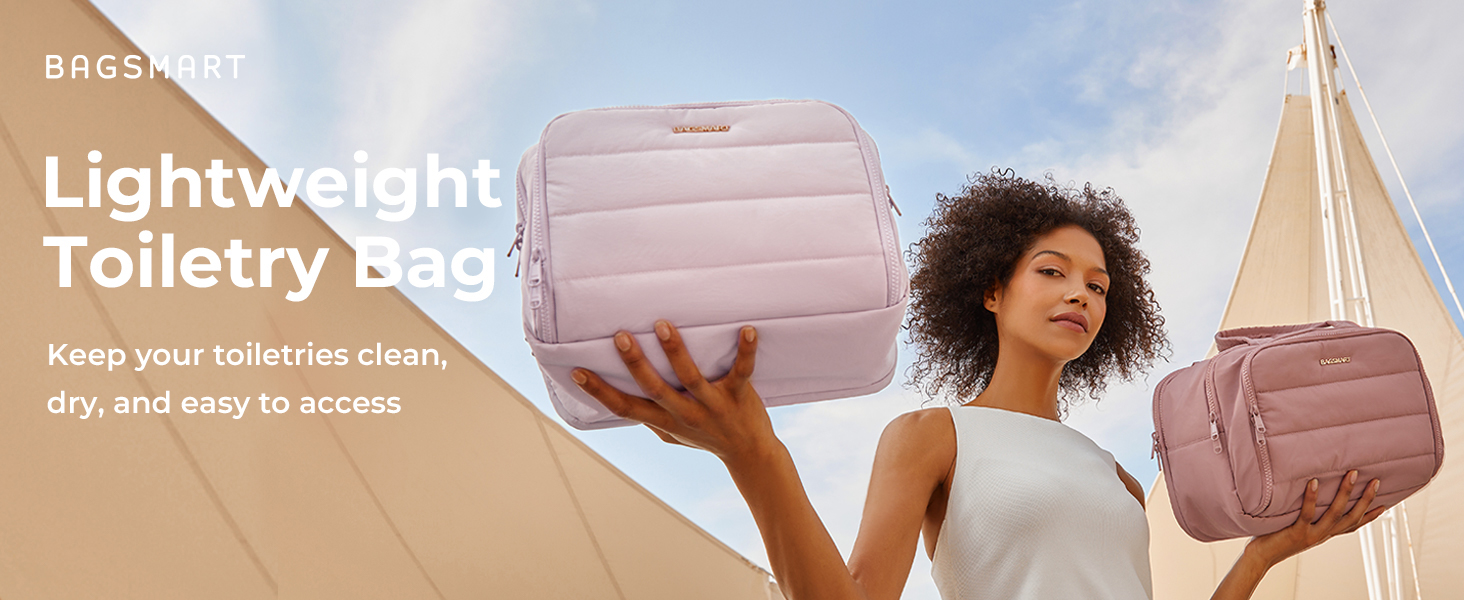 Le texte indique « Trousse de toilette légère ». Image marketing montrant une trousse de toilette brandie, avec une palette de couleurs orange et gris.