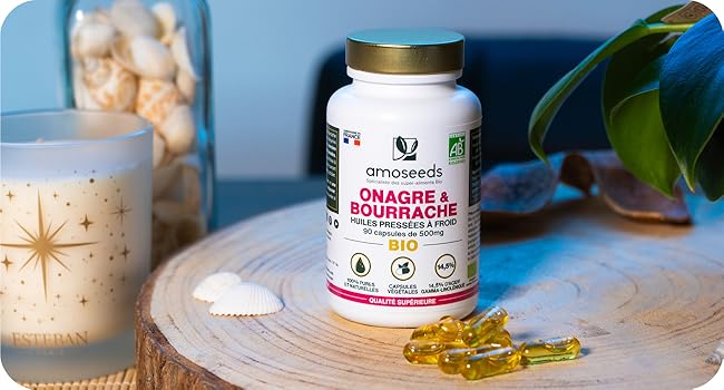 Huile d'Onagre et Bourrache Bio Capsules végétales Riche en Acides Gras Amoseeds Super-Aliments Bio