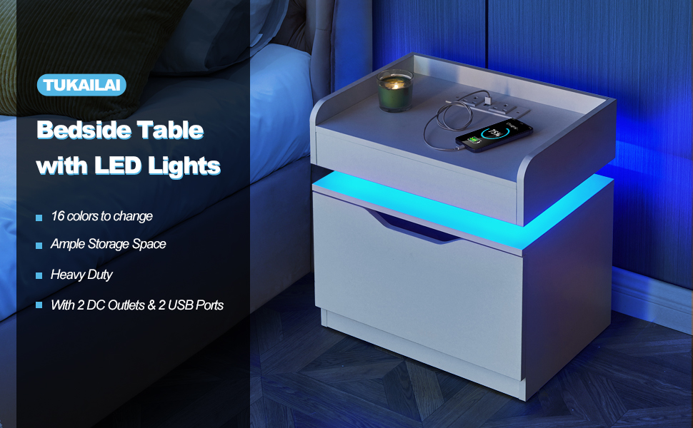 TUKAILAi White Bedside Table with LED Light, 1 Big Drawer and Charging