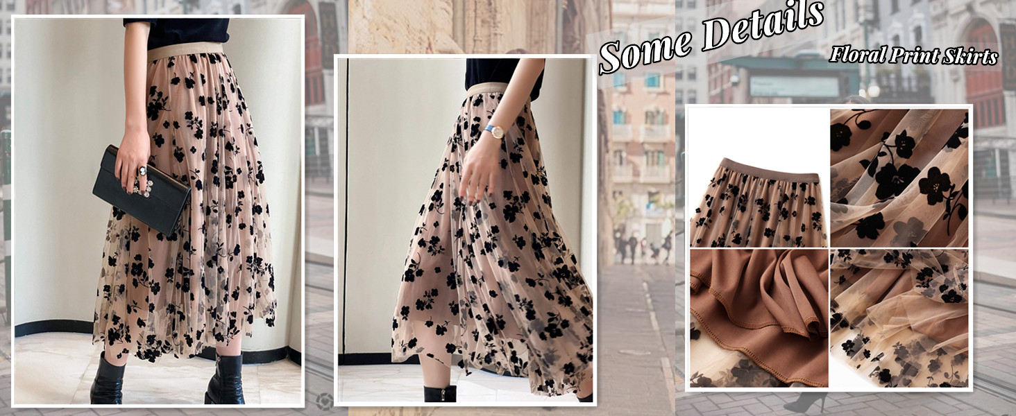 Women Tutu Tulle Skirt Elastic High Waist Layered Skirt Floral Print Mesh A-Line Midi Skirt