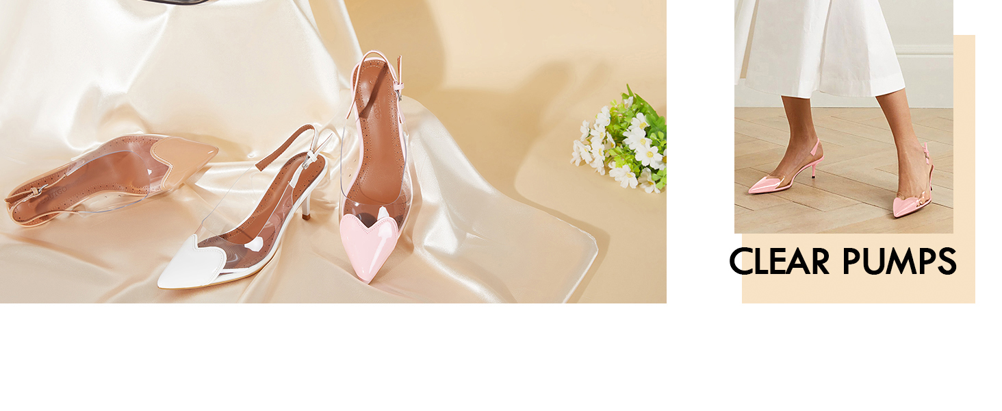 Womens Slingback Kitten Heels Clear Pumps Cute Heart Pointed Toe Slip On Party Prom Dress Shoes