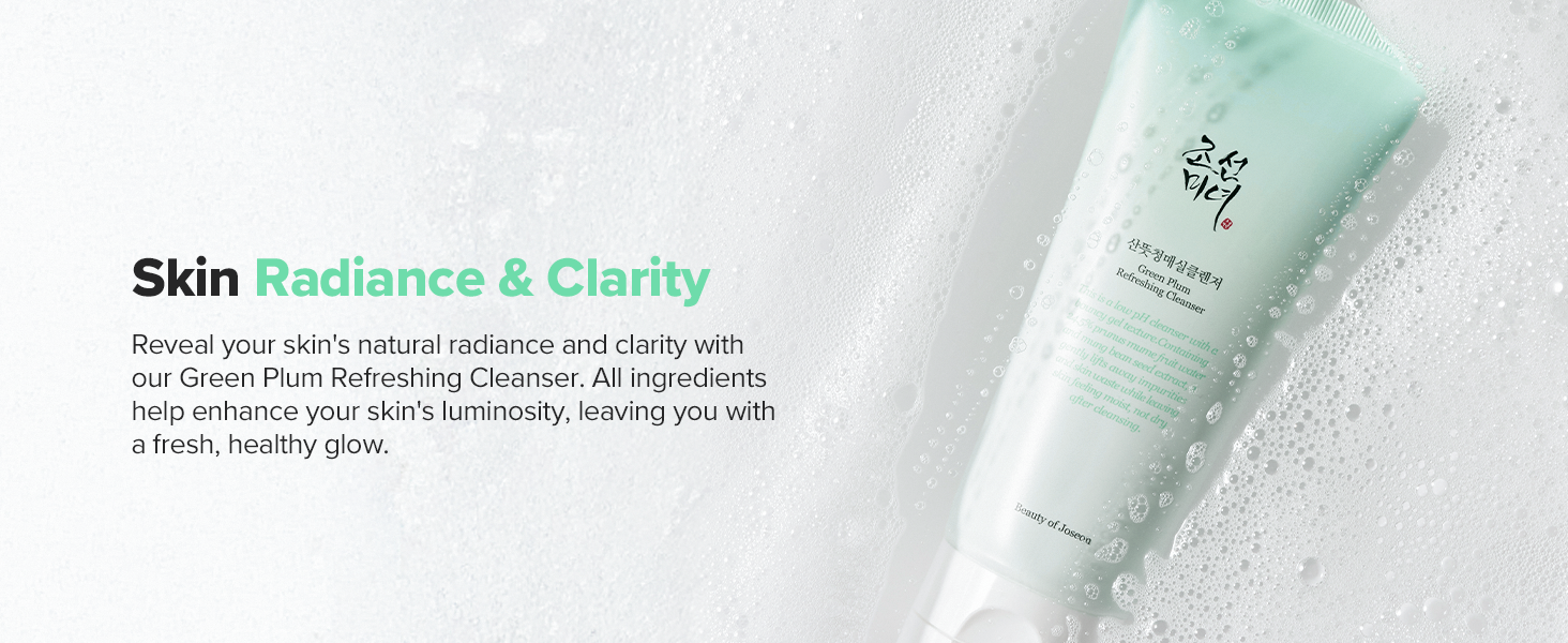 Text reads 'Skin Radiance & Clarity'. Product photography of mint green skincare bottles against white marble background with water droplets, suggesting freshness and purity.