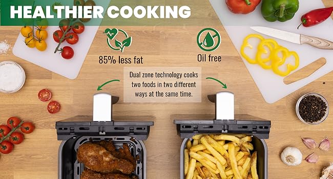 Kitchen Air Fryer Oven – Energy Saving Dual Compartment Air Fryer – 12 Cooking Presets For Convenient Operation – Oil Free Healthy Cooking – Touch Screen Display – 9L, 2400W – by Nuovva 11 oven grill deep fat recipe book tower xl double kitchenware small large fry reheat bake roast