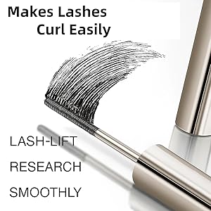 Text reads 'Makes Lashes Curl Easily', 'LASH-LIFT', 'SMOOTHLY', 'RESEARCH'. Close-up images of mascara brush showing detailed bristles and application technique.