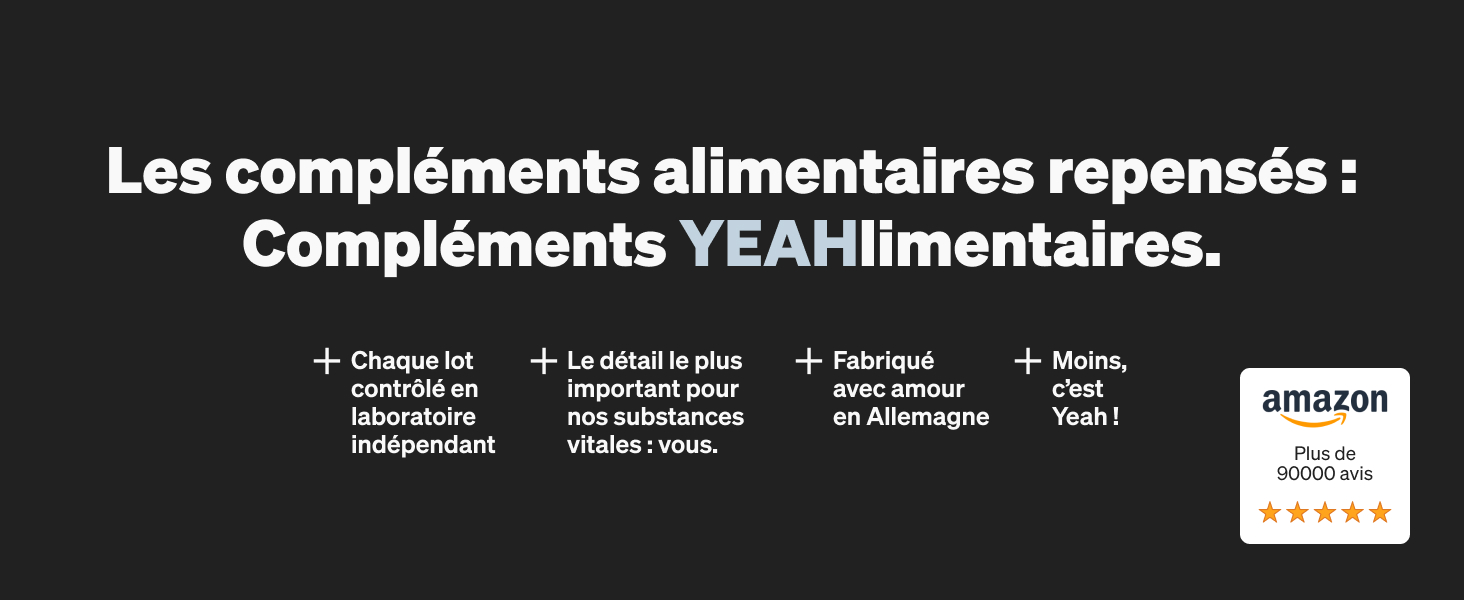 Fond noir avec texte blanc décrivant les compléments alimentaires. Les fonctionnalités incluent la personnalisation, les ingrédients naturels, la fabrication française et les évaluations élevées des clients sur Amazon.