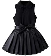 WDIRARA Toddler Girl's 2 Piece Outfits Button Collar Tank Top Pleated Pu Leather Aline Skirt Set