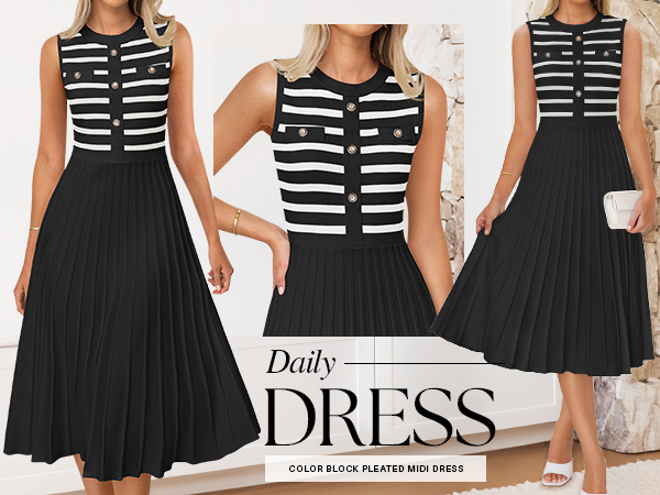 ZESICA Women's Sleeveless Striped Midi Dress Summer Crewneck