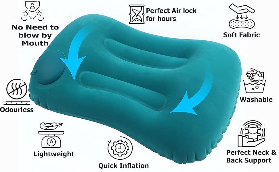 Inflatable Travel Air Pillow Odour free, Soft, Washable, Compact, Lower Back, Neck Support, painfree