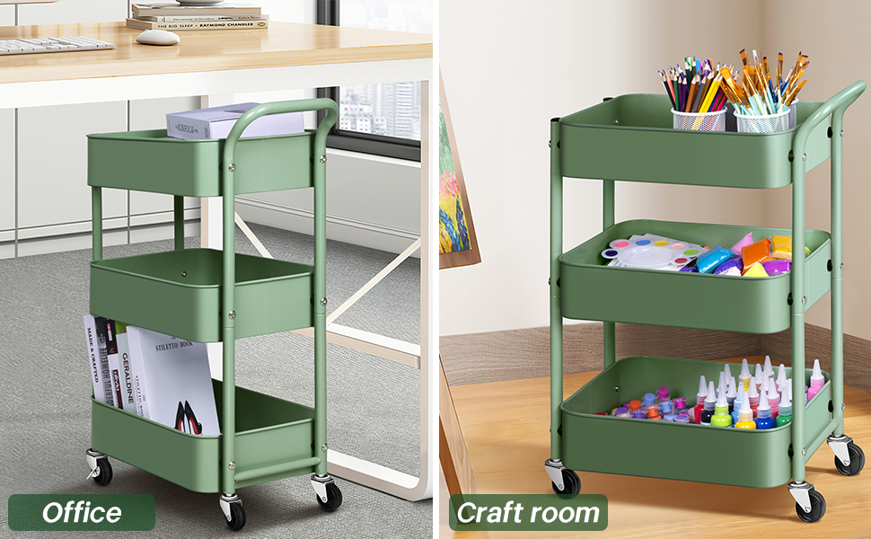 AOODA 3 Tier Under Desk Rolling Cart with Handle and