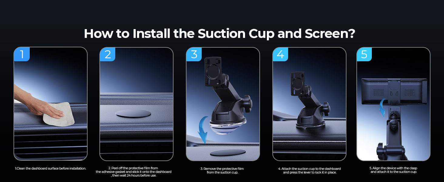 Five-panel instructional guide showing the process of installing a suction cup device. Steps progress from applying the suction cup to a surface to final installation.
