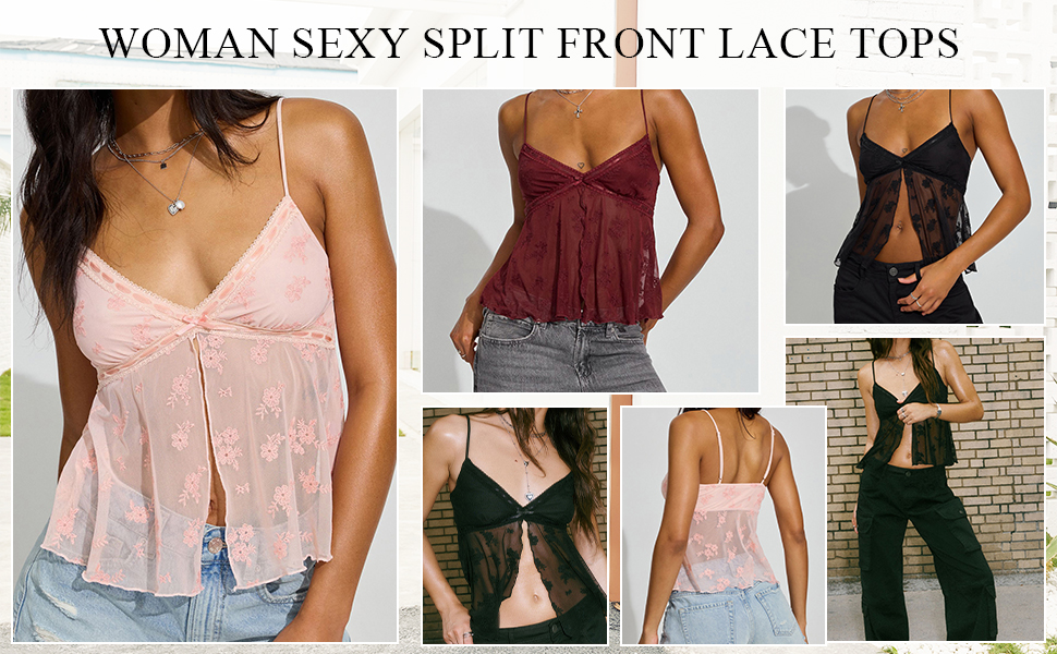 トップス S split lace tops Women Split Front Lace Cami Tops Mesh Floral Print Spaghetti