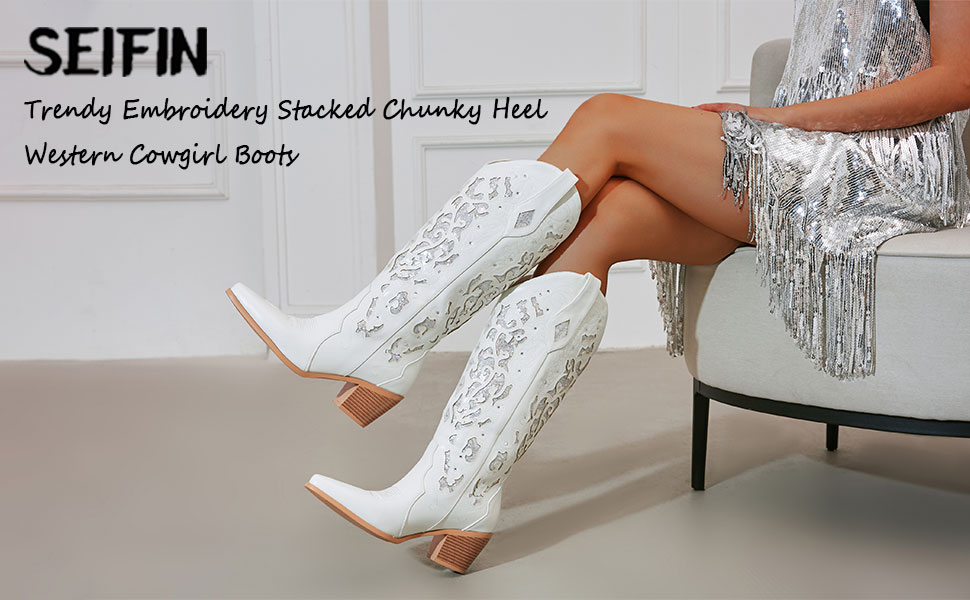 Amazon.com | SEIFIN Women's Embroidered Cowgirl Boots Knee