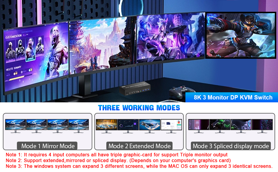 8K Displayport USB 3.0 KVM Switch 3 Monitors 4 Computers, DP 1.4 Triple