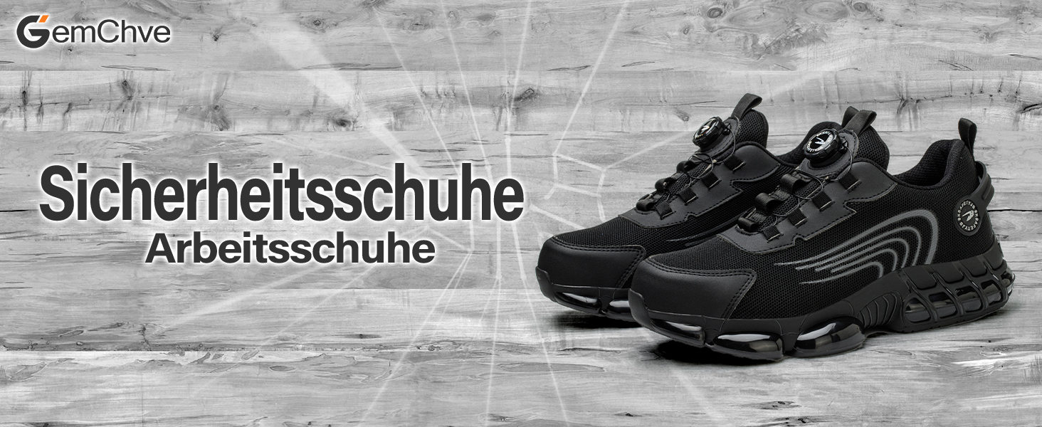 Der Text lautet „Sicherheitsschuhe“. Schwarze Sicherheitsschuhe im athletischen Stil, fotografiert vor grauem Hintergrund.