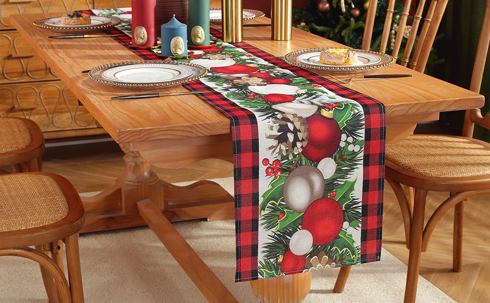 Christmas Table Runner, 13 x 72 Inch Red Black Buffalo Plaid Xmas Balls Holly