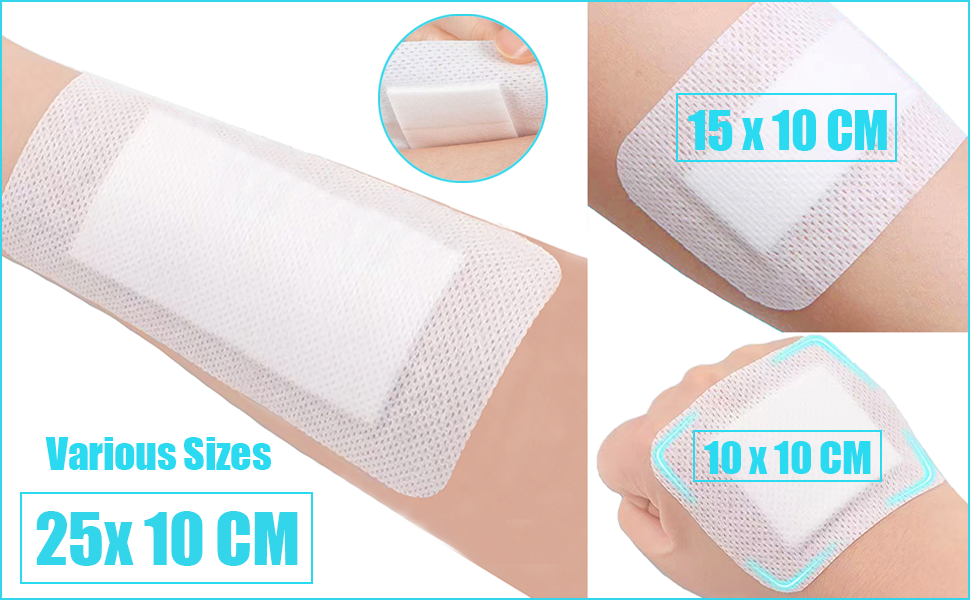 White adhesive medical dressings shown in two sizes: 25x10 cm and 15x10 cm, with measurement text visible on packaging.