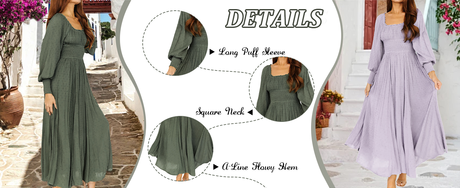 Women's Puff Long Sleeve Square Neck Elastic Empire Waist Swiss Dots Casual Flowy A-Line Maxi Dress
