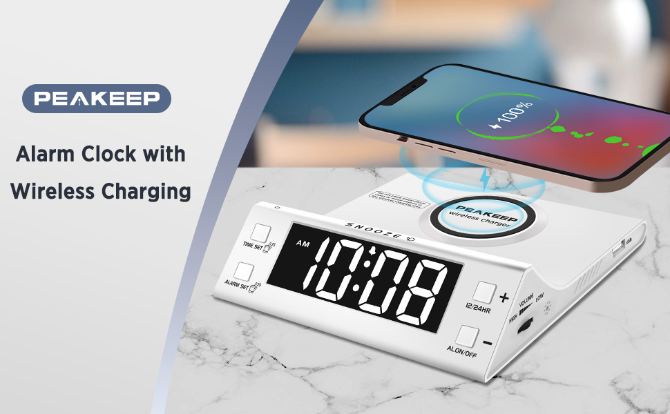 Peakeep Loud Alarm Clock with Wireless Charging and USB