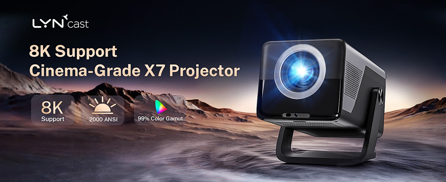 Text reads 'Cinema-Grade X7 Projector' and '8K Support'. Dark promotional image showing high-end projector technology with blue lighting effects and technical specifications.