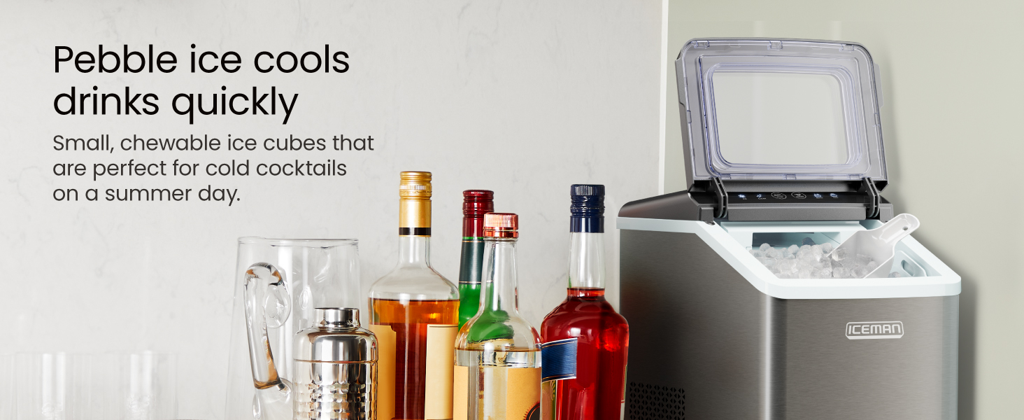 Pebble ice cools drinks quickly