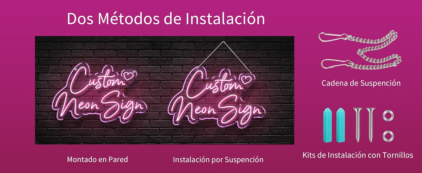 El texto dice «Dos métodos de instalación». Cartel instructivo en tonos rosados que muestra los métodos de instalación de letreros de neón con guías visuales paso a paso.