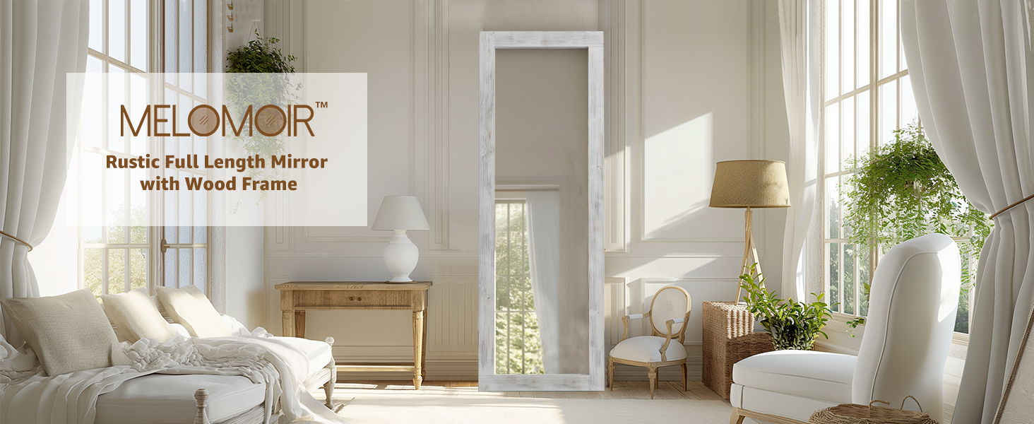 Rustic Farmhouse Full Length Mirror, Wood Floor Mirror, Free Standing, Long for Bedroom, Living Room, Cloakroom, White