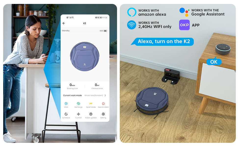 OKP Life K2 Robot Vacuum Cleaner, Mini Robot Vacuums Ultrathin 2000Pa