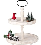 Mustry Rustic Wooden 2 Tiered Tray, Round Farmhouse Kitchen Table Decor Serving Tier Tray, Food F...
