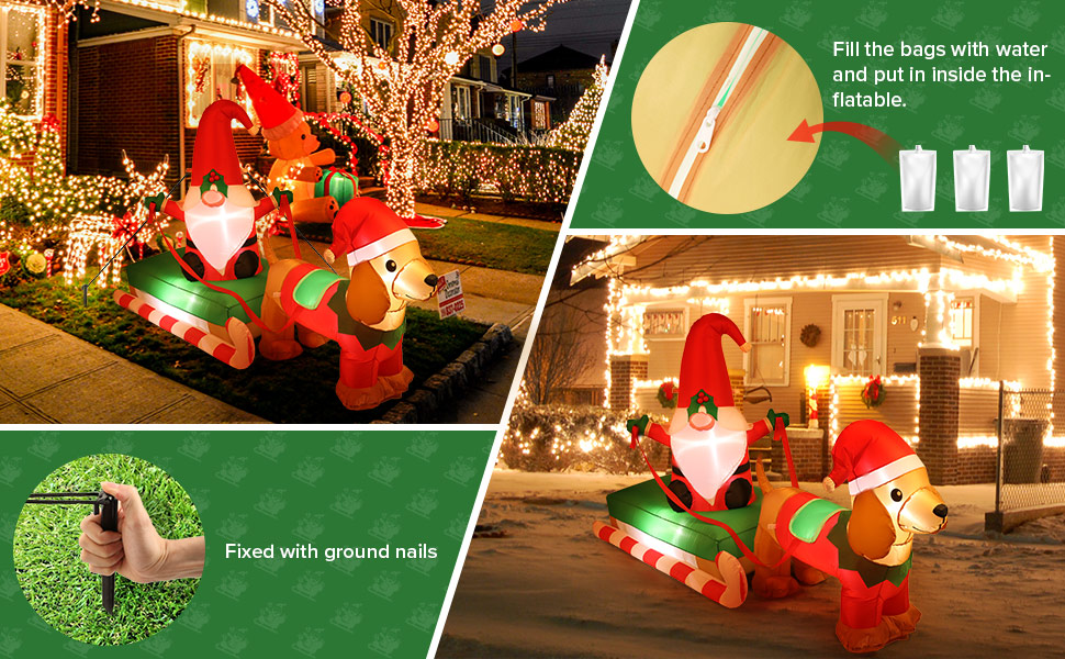 BLOOMWIN 6FT Inflatable Gnomes in Sled with Weiner Dog Light Up