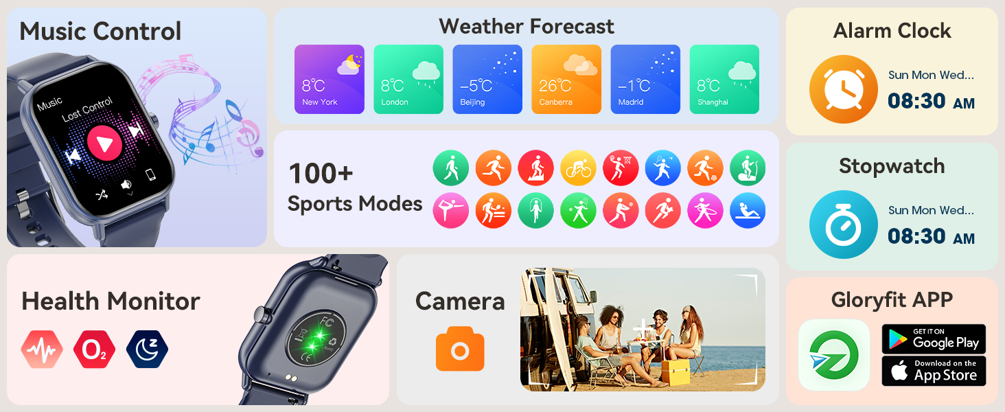 Smartwatch promotional image showcasing features: music control, weather forecast, sports modes, health monitoring, camera control, and alarm functions. Displays watch face and app interface examples.