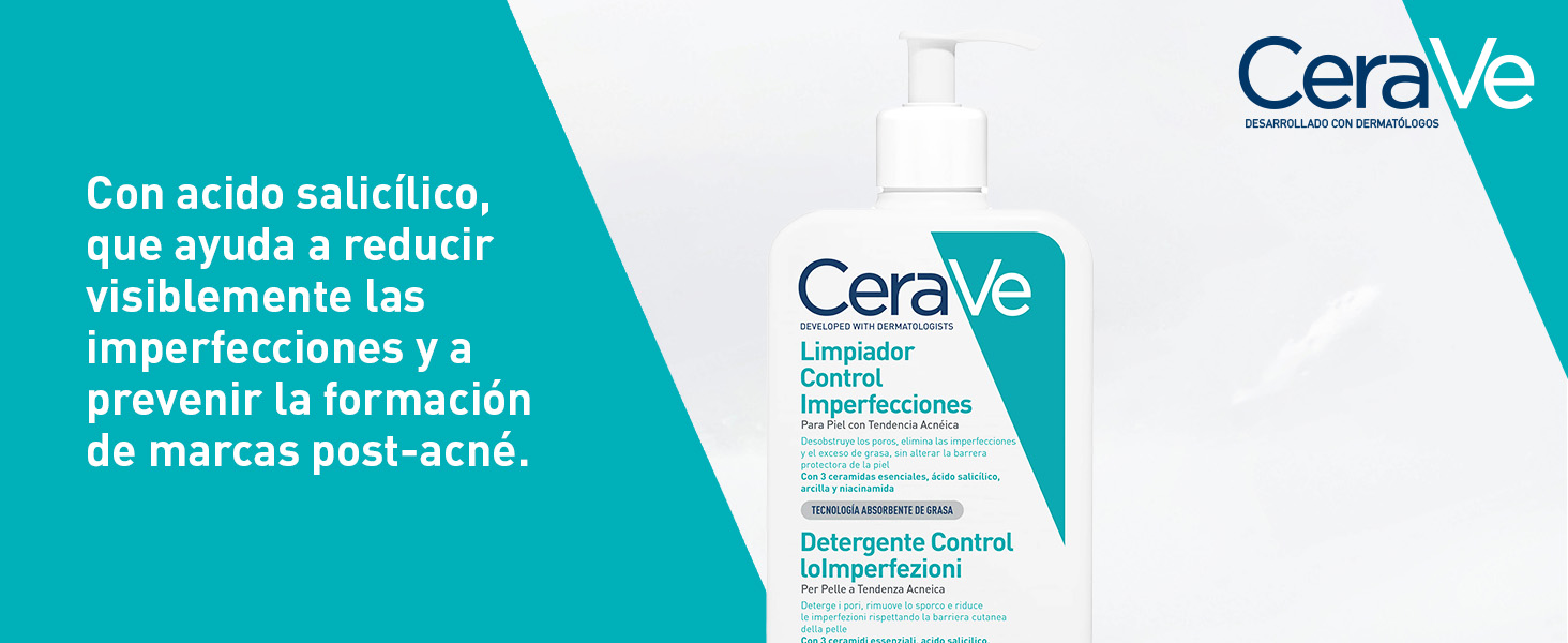 O texto diz "Cerave". As imagens de marketing do produto mostram produtos para cuidados com a pele e texto em um esquema de cores branco e azul-petróleo.