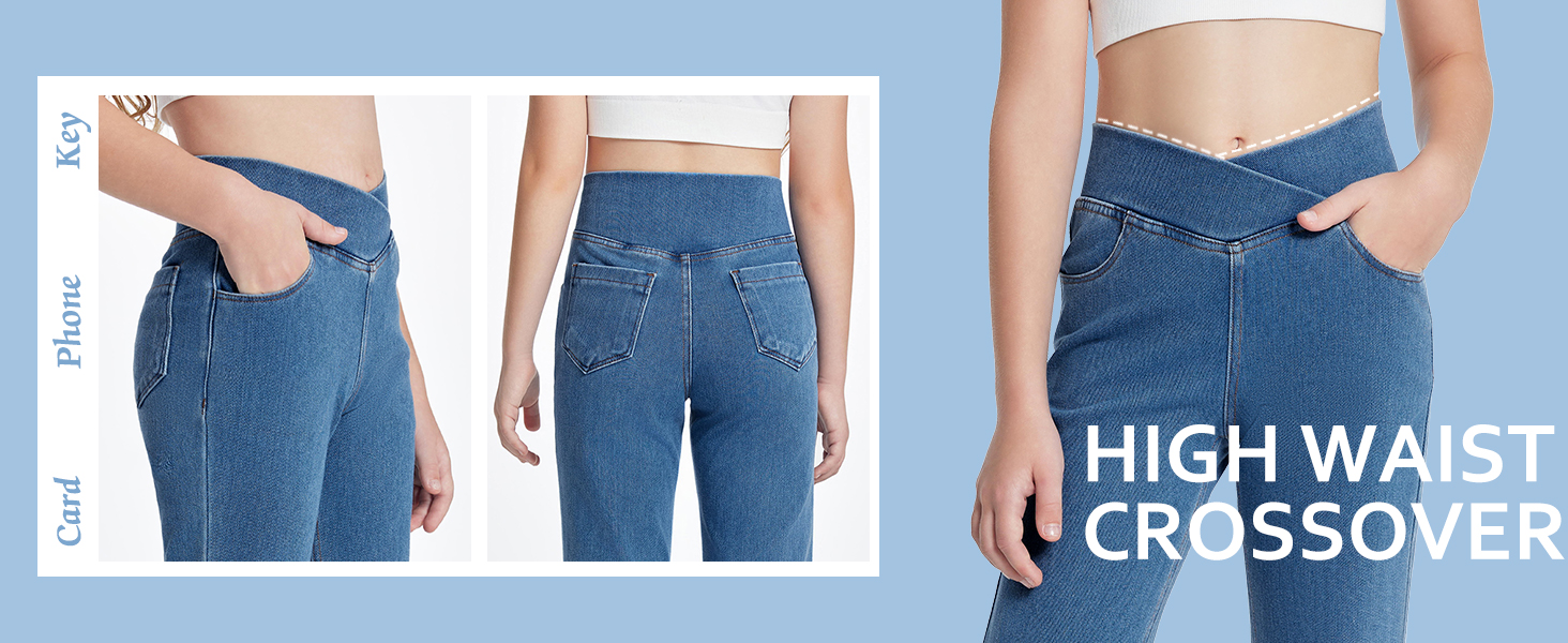 Teens Trendy High Waisted Flare Jeans Fashion Denim Pants Stretchy Baggy with Pockets