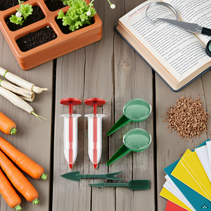 A lush garden bed filled with freshly planted seeds and vibrant green sprouts emerging from the soil