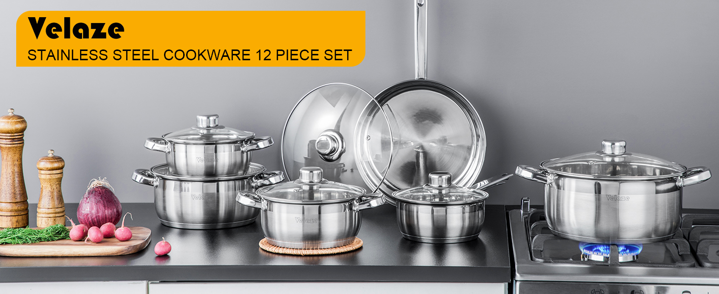 Velaze 12-piece stainless steel cookware set displayed on gray counter, featuring multiple pots and pans with glass lids and silver handles.