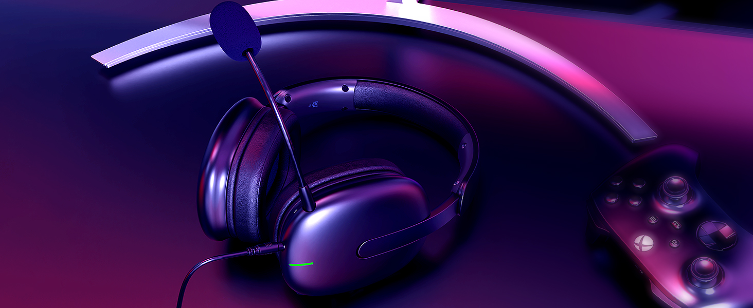 Purple over-ear headphones with a microphone arm, illuminated by neon blue and pink lighting. Gaming controller visible in the background.
