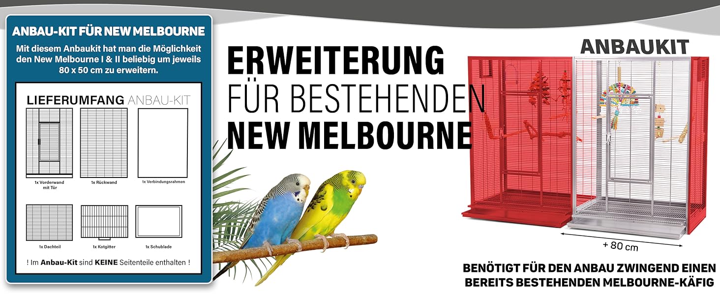Werbung für Produkterweiterungskits mit bunten Papageien. Enthält Diagramme der Käfig-Layouts und den deutschen Text „ERWEITERUNG FÜR BESTEHENDES NEW MELBOURNE“.