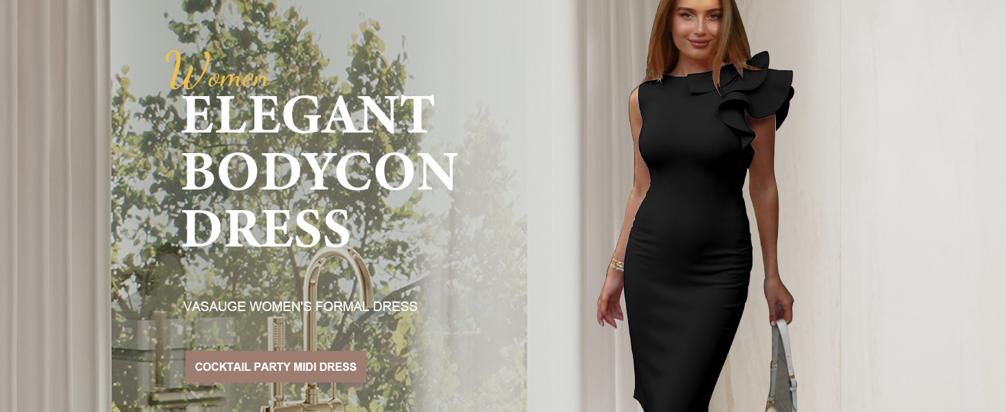 Elegant Formal Bodycon Ruffle Sleeveless Midi Cocktail Party Dress