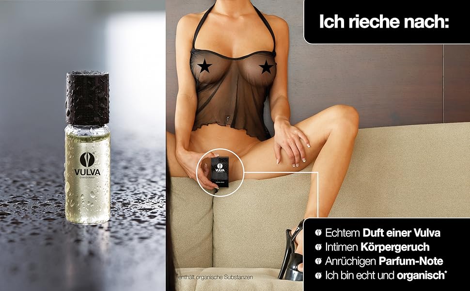 Kleine Glasflasche mit Parfüm mit Tröpfchen auf der Oberfläche, die neben Produktinformationen in deutscher Sprache angezeigt wird