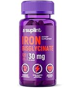 Purple supplement bottle labeled 'IRON' with '30 mg' dosage, featuring similar design elements as the vitamin D3 bottle.