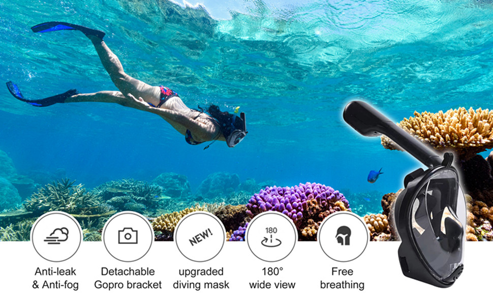 Full Face Snorkel Mask, Snorkeling Mask 180° Panoramic View Swimming