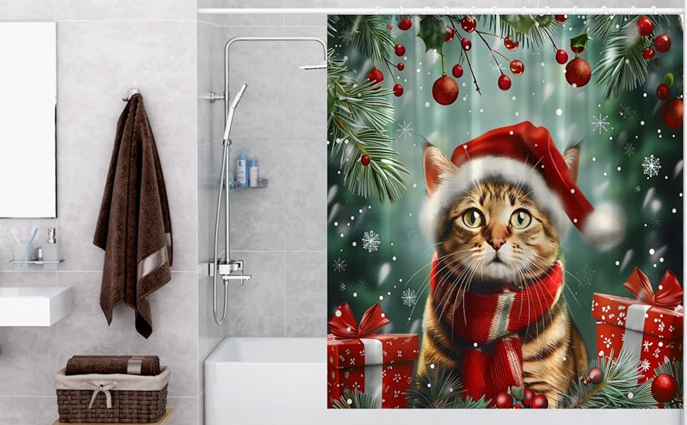 UPUMKSK Christmas Shower Curtain Cute Cat Red Xmas Ball