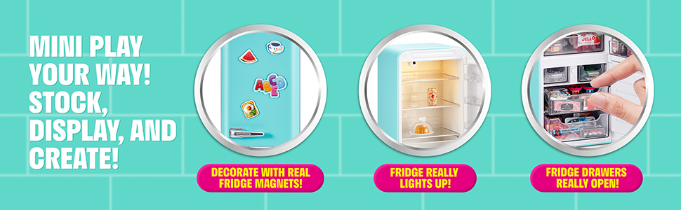 Text reads 'MINI PLAY' and 'YOUR WAY!' Turquoise banner with pink circular icons containing product information graphics.