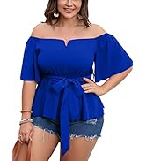 SCOMCHIC Women's Plus Size Off The Shoulder Peplum Blouse Top Half Bell Sleeve Tie Waist Ruffle H...